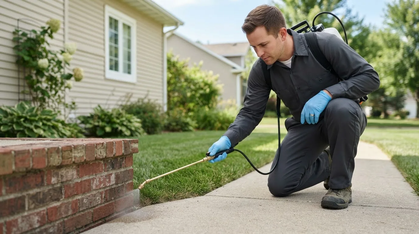 Pest control technician treating a home near Chester, NH