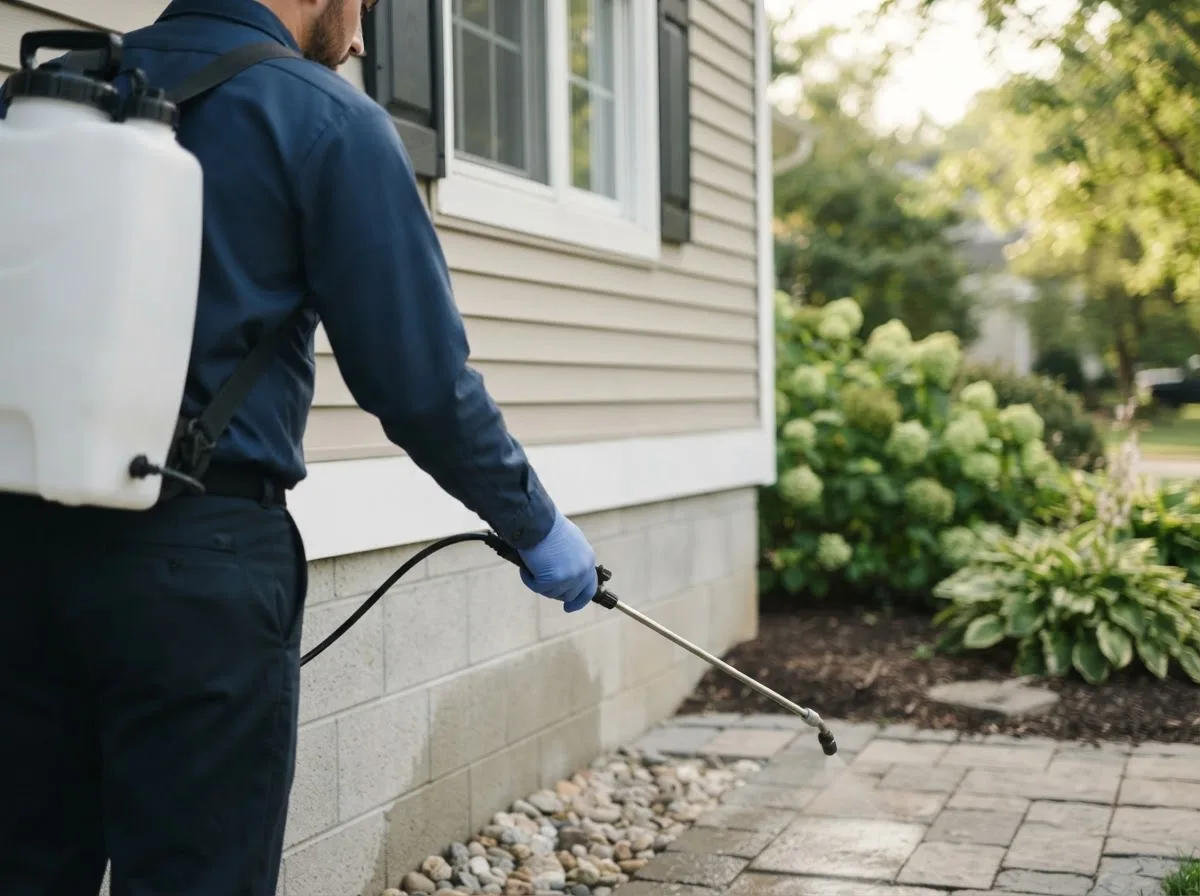 Pest control technician inspecting a home in Chester, NH